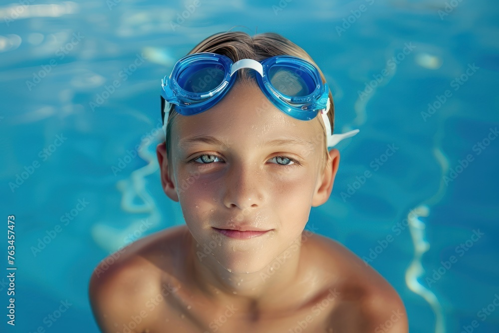 European boy wearing swimming goggles on her head with swimming pool background