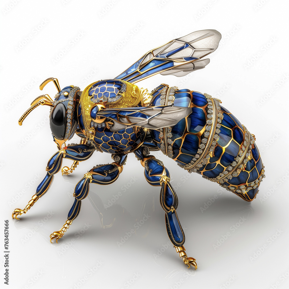 Fototapeta premium A delicate porcelain bumble bee. Cobalt blue, gold and encrusted with gemstones. In the style of a museum exhibit. Reminiscent of the French royal court of the 1700's.