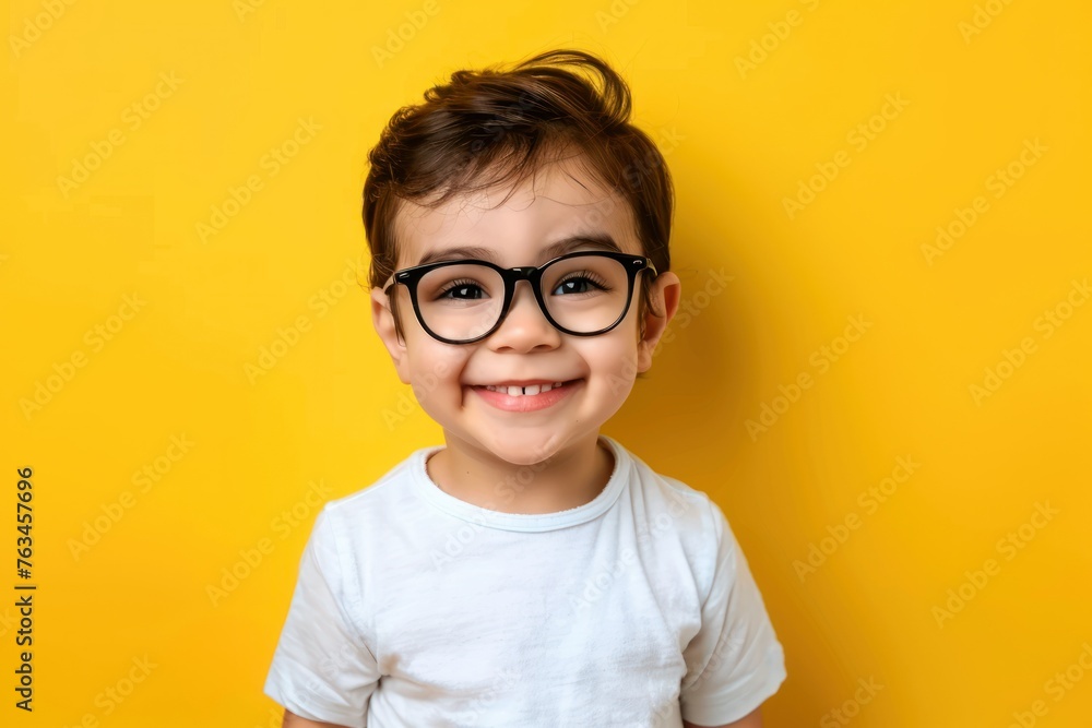 Happy little boy with a genuine smile isolated on yellow background - obrazy, fototapety, plakaty 