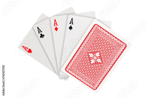 Quadro su tela Four aces in five card poker hand playing cards with back design on transparent