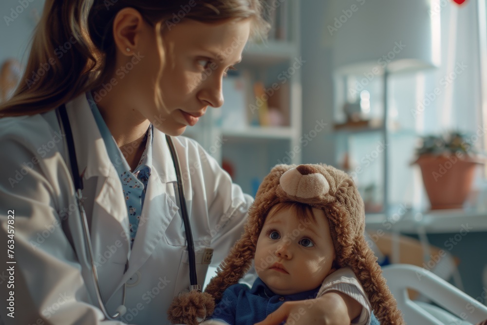 Pediatrician examining baby in bear hat, caring doctor, clinic, health check-up, tender moment, healthcare Pediatrician examining baby in bear hat, caring doctor, clinic, health check-up, tender moment, healthcare