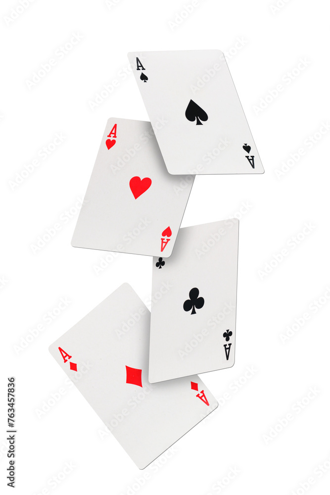 Four aces of diamonds clubs spades and hearts falling playing cards on transparent background Four aces of diamonds clubs spades and hearts falling playing cards on transparent background