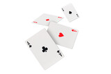 Four aces of diamonds clubs spades and hearts falling playing cards on transparent background