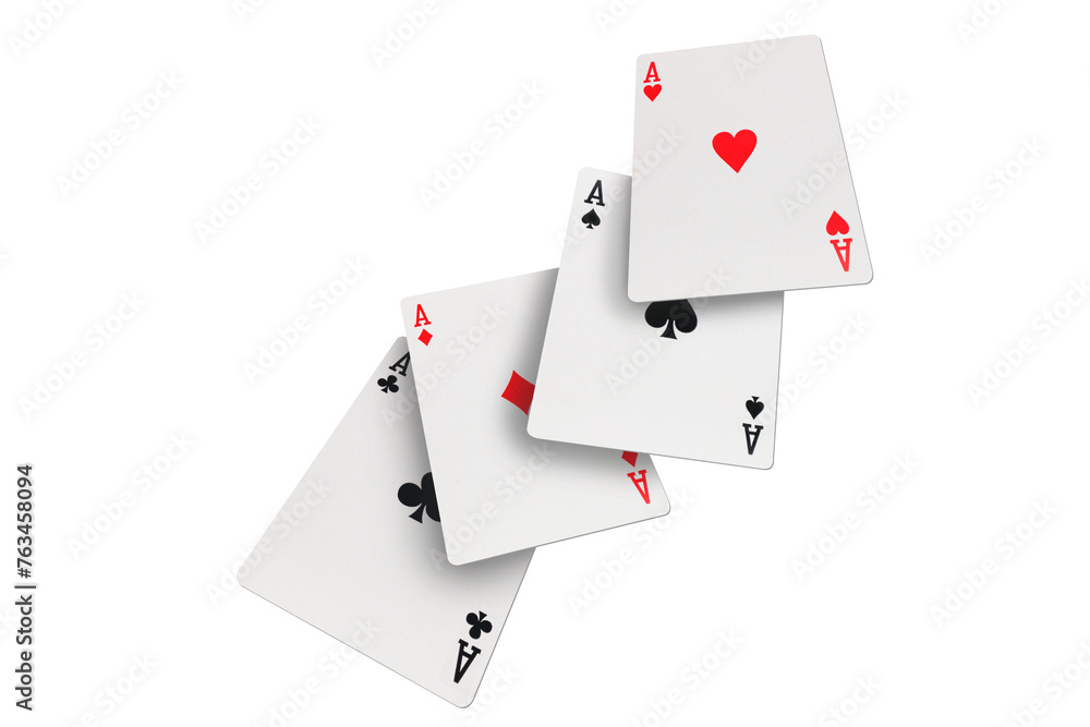 Four aces of diamonds clubs spades and hearts falling playing cards on transparent background Four aces of diamonds clubs spades and hearts falling playing cards on transparent background