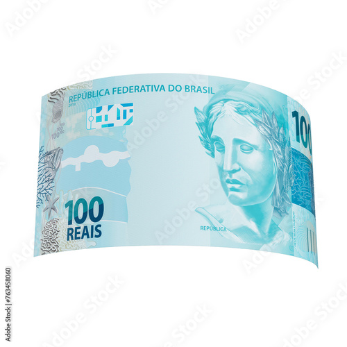 Money bills. Brazilian one hundred reais notes. Finance concept. Transparent background.