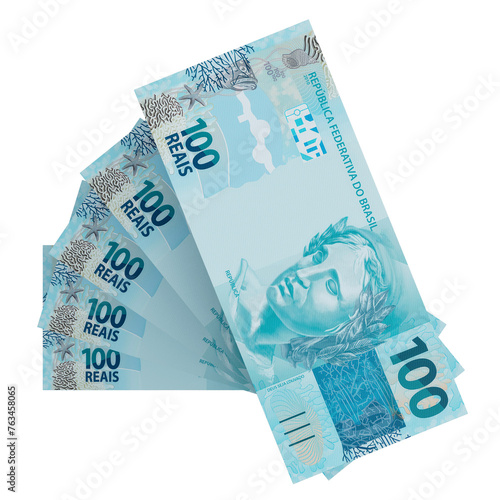 Money bills. Brazilian one hundred reais notes. Finance concept. Transparent background.