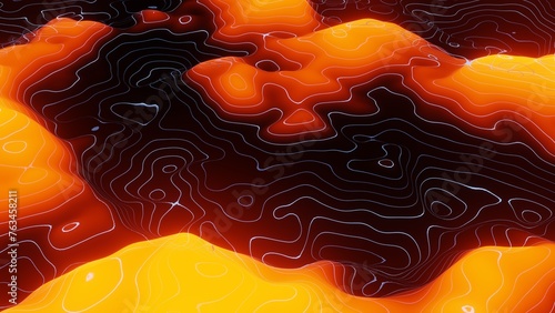 3d futuristic sci-fi abstract orange liquid lava background with circles. Stylized Topographic map outline Landscape with mountains and canyons from glowing energy circles