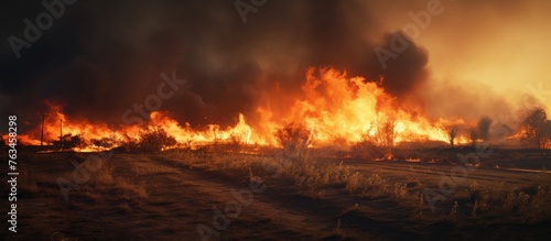 A distant fire blazing behind a rural field