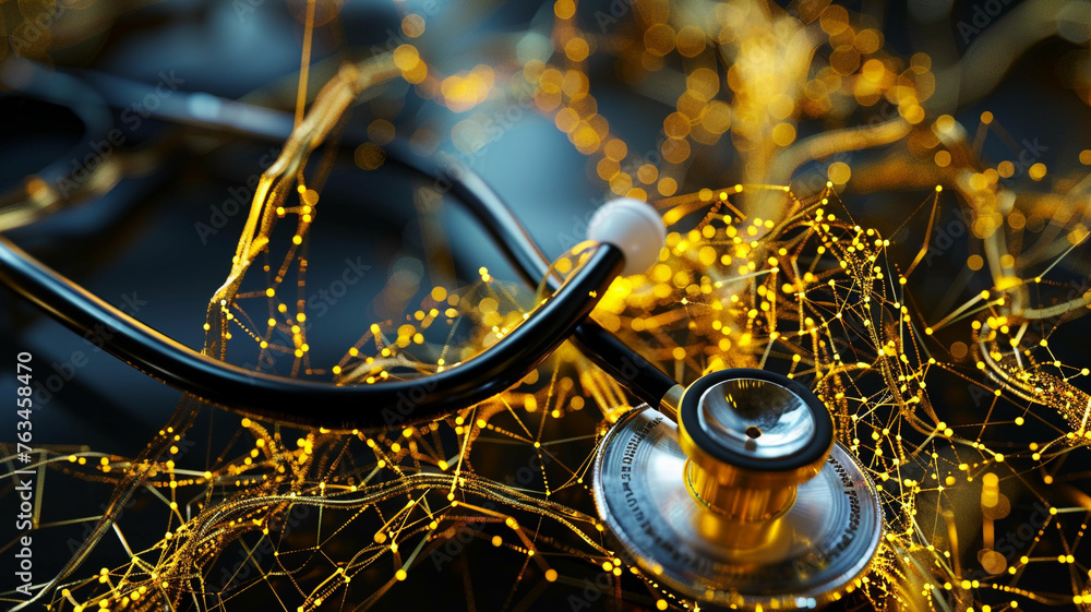 Detailed shot of a doctor's stethoscope intertwined with golden strands resembling neural networks.