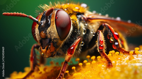 A detailed close-up of a bee (Apis mellifera) pollinating vibrant Helenium flowers, with dewdrops on petals © Hasnain Arts