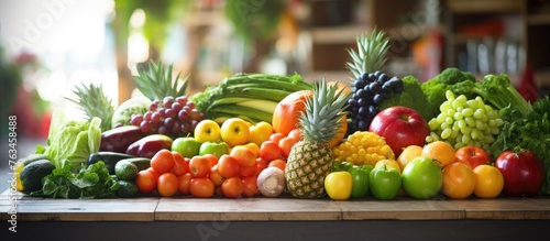 Various fresh fruits and vegetables displayed on a market counter