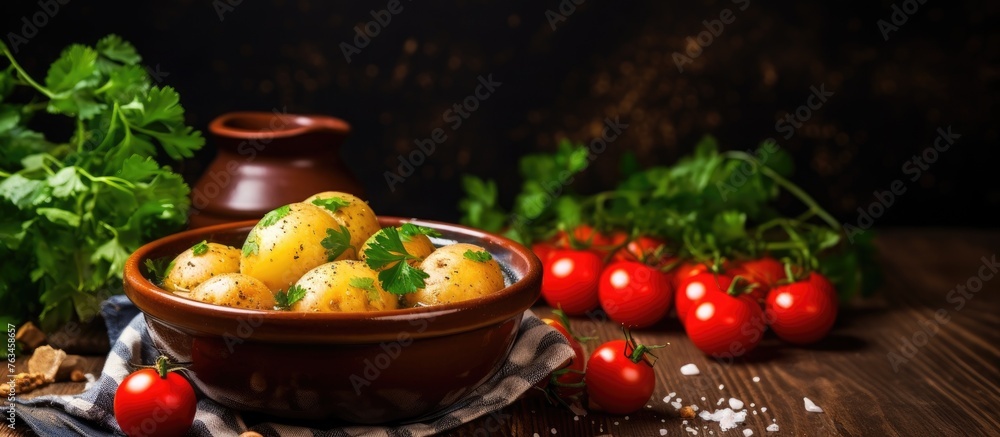 A bowl of potatoes and tomatoes on a table