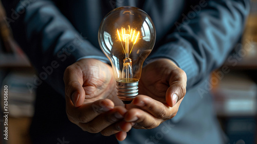 Detailed shot of a light bulb resting in the hands of a businessman, showcasing the power and control inherent in innovative business ideas