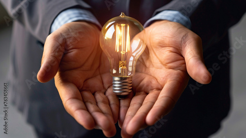 Detailed shot of a light bulb nestled within the palms of a businessman's hands, symbolizing the fusion of intellect and vision in business endeavors
