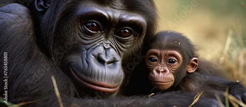 Baby and Mother Western lowland gorillas in grass © Ilgun