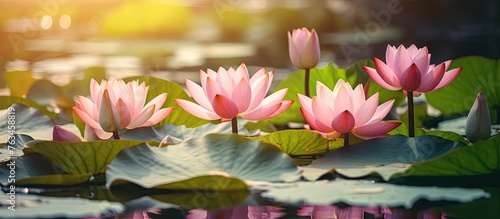 Pink lotuses blooming above a pond