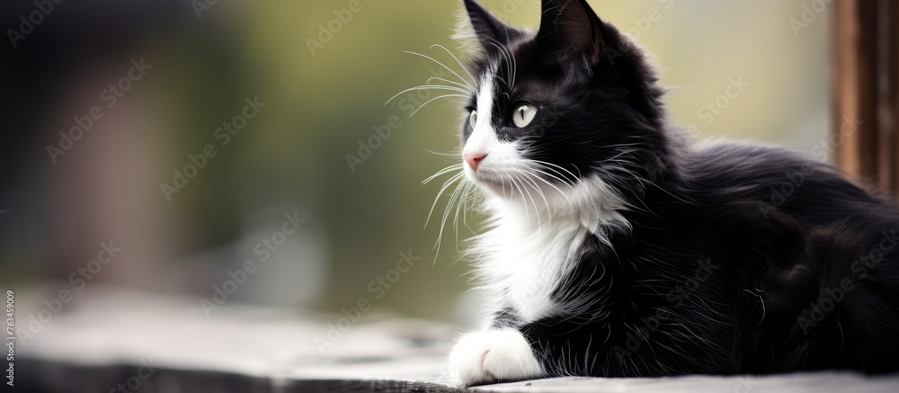 A black and white cat perched on a ledge A black and white cat perched on a ledge