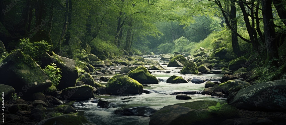 A tranquil river flowing through a dense woodland