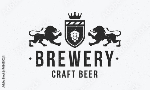 Brewery crest logo. Beer vintage logo. Beer logo with heraldic Lions and grain texture. Trendy hipster design. Logo, Poster for pub, restaurant, steak house, beer house. Vector illustration