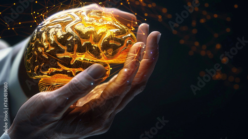 Doctor's hand gently cradling a golden brain, symbolizing the nurturing of AI technology.