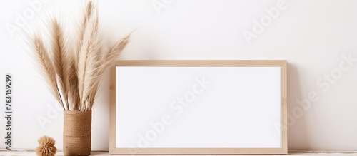 Frame with wheat on table against white wall
