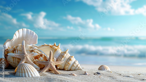Fototapeta Naklejka Na Ścianę i Meble -  Caribbean beach with shells and blue sky
