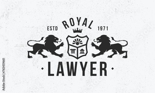 Lawyer Luxury, premium logo. Lawyer logo with heraldic Lions and grain texture. Logo, Poster for Law business. Vector illustration