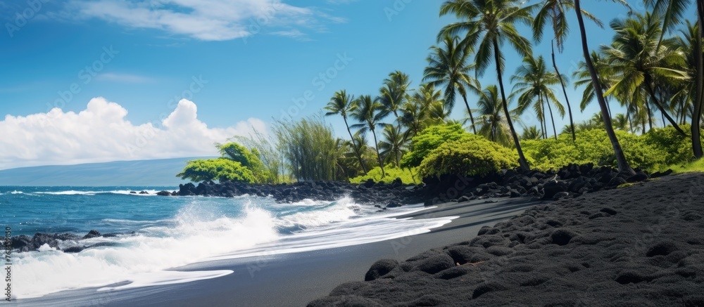 Black sand beach with palm trees and waves Black sand beach with palm trees and waves