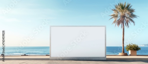 Blank billboards on tropical beach with tall palms and blue sky