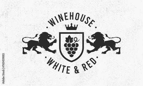 Wine crest logo. Wine shop vintage logo. Wine logo with heraldic Lions and grain texture. Logo, Poster for vineyards, wineries, wine shops, package design. Vector illustration