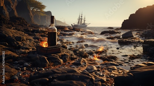 a bottle on a rocky beach with a ship in the background photo