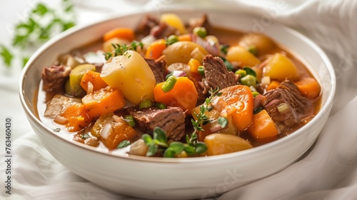 Gourmet vegetable stew, elegantly served in a fine porcelain bowl, highlighting the lush variety of garden-fresh vegetables and succulent pieces of stewed beef.