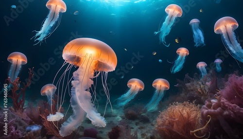 A Jellyfish In A Sea Of Glowing Underwater Creatur Upscaled 2