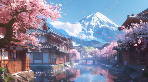 view of a village by the river with a background in Japanese cities and pagodas, the sun shines in the afternoon. Animated looping background.Generative Ai