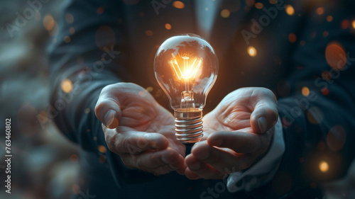 Hands of a faceless businessman presenting a glowing light bulb, depicting the illumination of innovative business ideas influenced by human intellect and AI