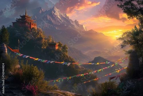 Sunrise illuminates a Himalayan temple and vibrant prayer flags, with the majestic snow-capped mountains creating a breathtaking backdrop. A tranquil monastery high in the mountains. Resplendent.