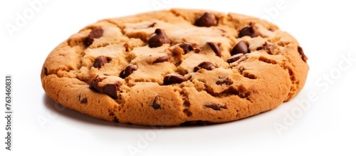 Close-up of a chocolate chip cookie on a white surface