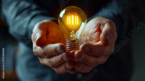 Hands of a businessman cradling a luminous light bulb, depicting the brilliance of entrepreneurial ideas and the potential for transformative change
