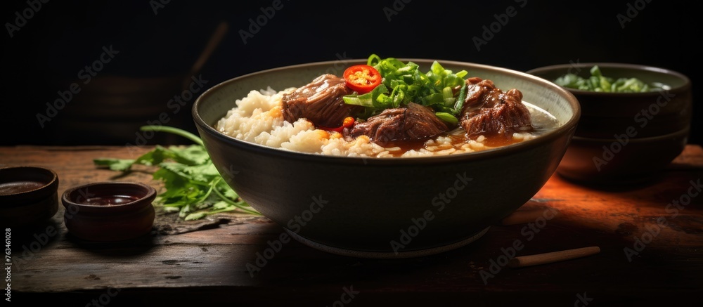 Bowl of hearty Oxtail Rice Soup on rustic wooden table Bowl of hearty Oxtail Rice Soup on rustic wooden table