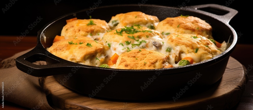 A skillet with a chicken and dumplings casserole A skillet with a chicken and dumplings casserole