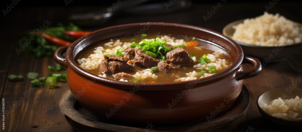 A bowl of soup with meat and rice on a table A bowl of soup with meat and rice on a table