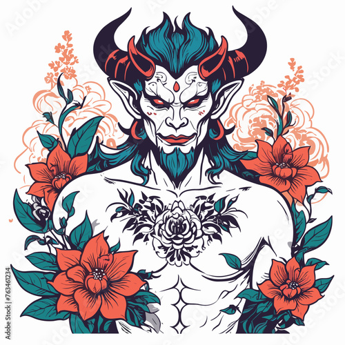 Illustration of a mythical demon with horns, surrounded by vibrant flowers and intricate tattoos.