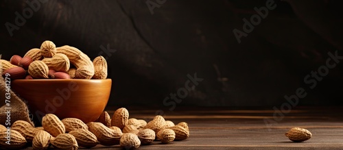 A wooden bowl filled with peanuts on table