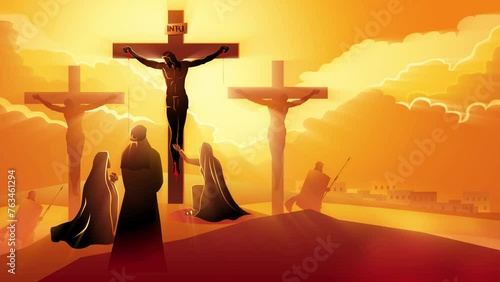 Biblical motion graphic series. Way of the Cross or Stations of the Cross, twelfth station. Mary the Mother of Jesus, John the beloved disciple and Mary of Magdala at the Crucifixion  photo