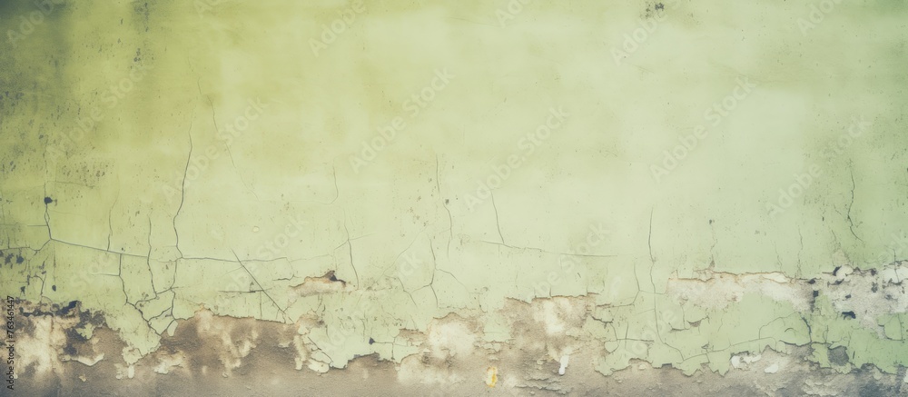 A weathered green wall with peeling paint next to a red fire hydrant