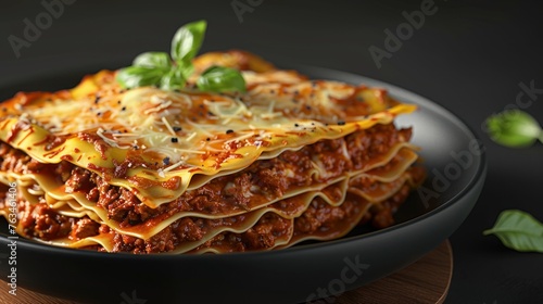 Lasagna, alternating layers of pasta dough with tomato sauce, meat, cheese and besam sauce 
