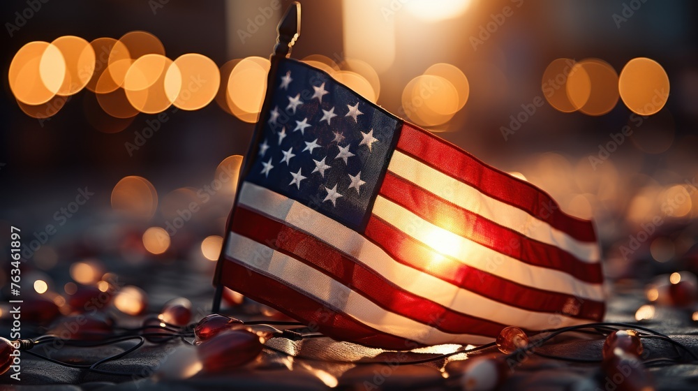 The american flag is illuminated by a glow,