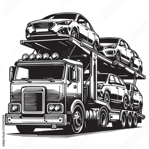 Car carrier trailer side view. Black and white illustration. Car hauler icon, Car Hauler Vectors: Various Poses of Trucks and Trailers Lifting Cars