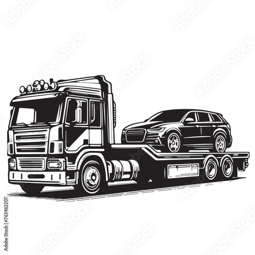 Car carrier trailer side view. Black and white illustration. Car hauler icon, Car Hauler Vectors: Various Poses of Trucks and Trailers Lifting Cars