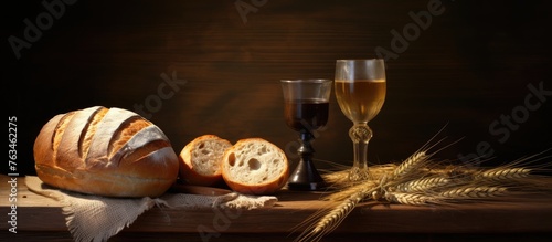 Chalice bread and cross on a wooden table